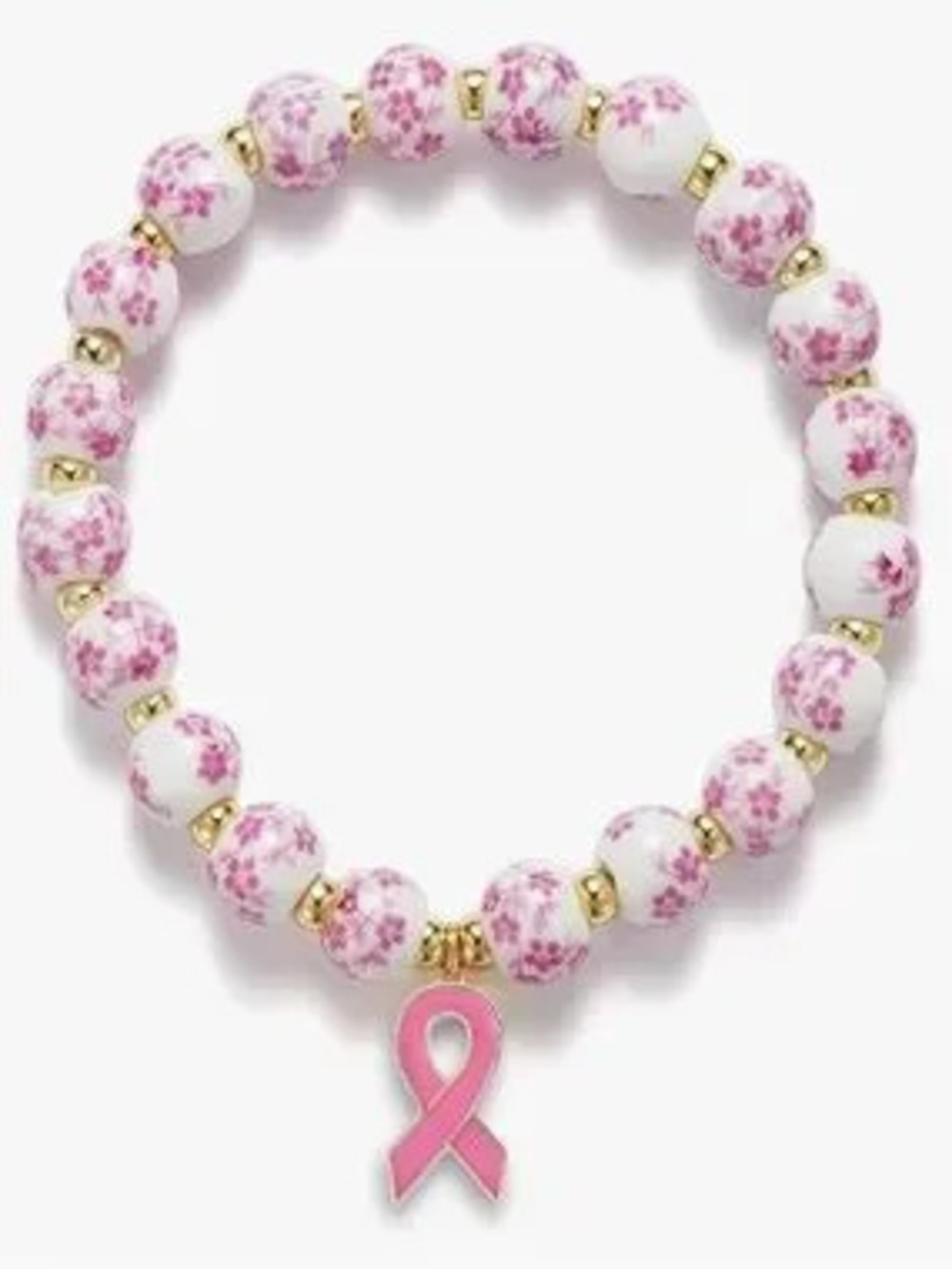 Anthropologie Pink Floral Bead Bracelet with Pink Ribbon Charm